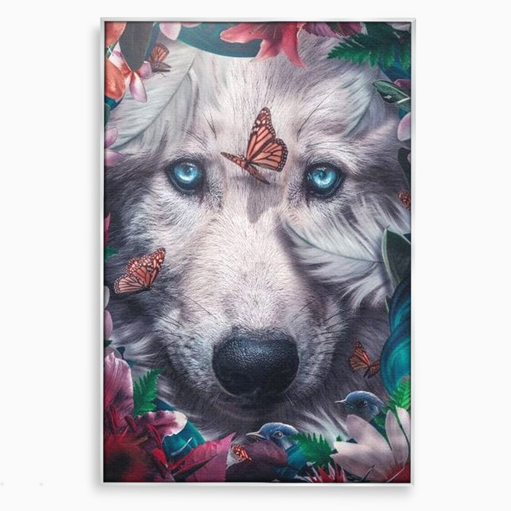 Tablou canvas cu tablou canvas cu lup alb si fluturi, in rama de aluminiu argintiu
